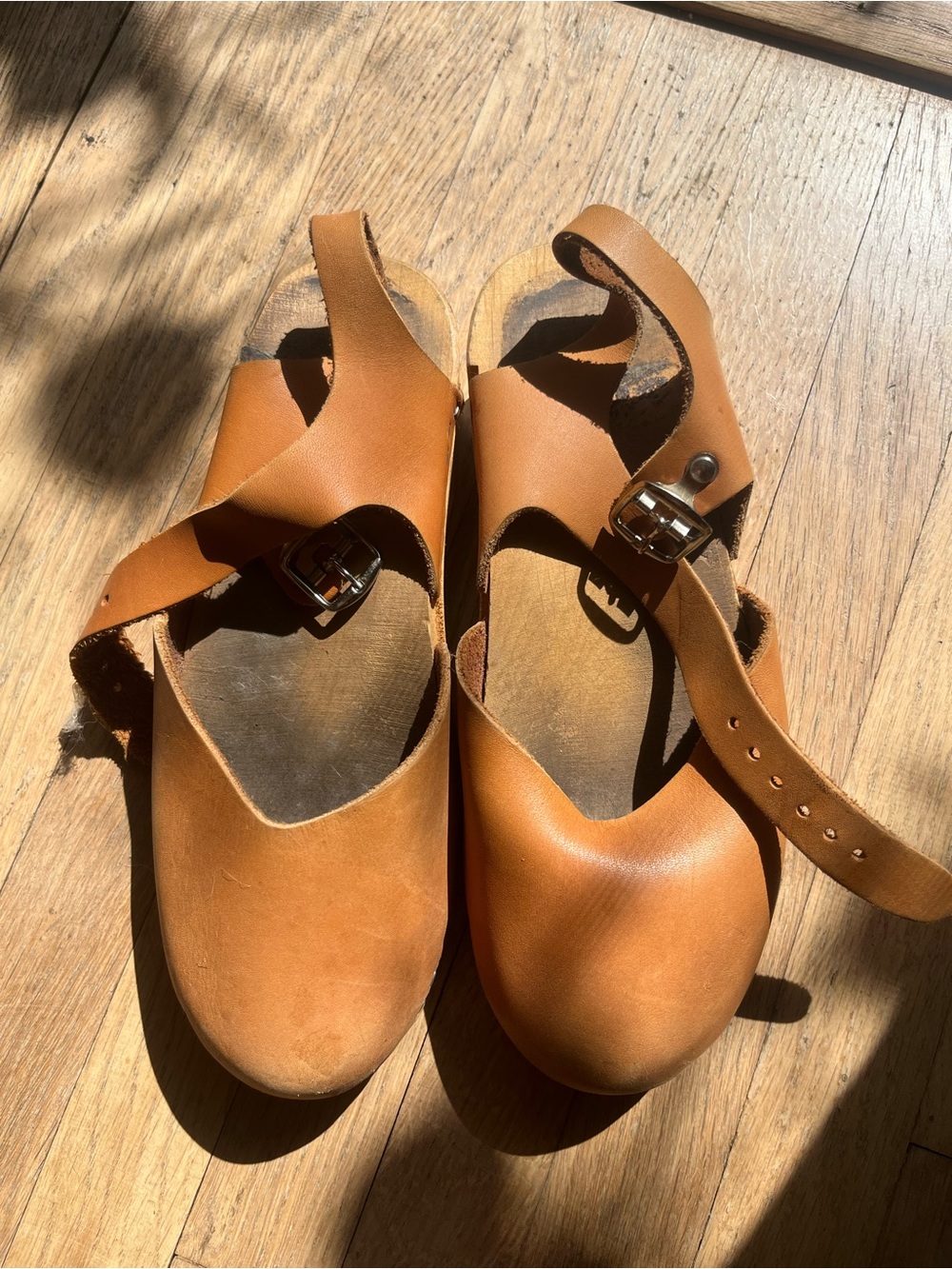 Tan Leather Buckle Clogs